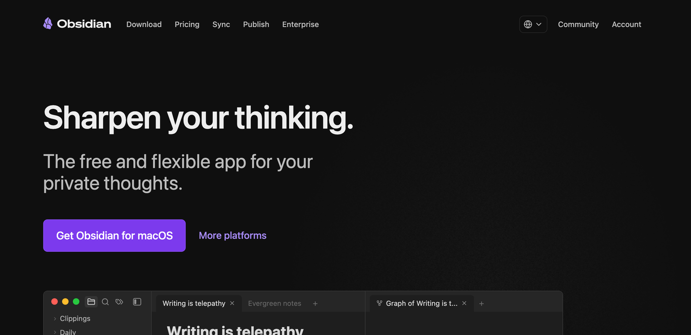obsidian.md のトップページ。黒い背景に Sharpen your thinking の見出しと、紫色の Get Obsidian ボタンがある